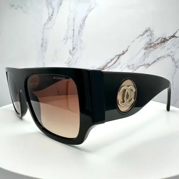 CHANEL Sunglasses Black Square Shield Gold CC Gradient Brown Lens